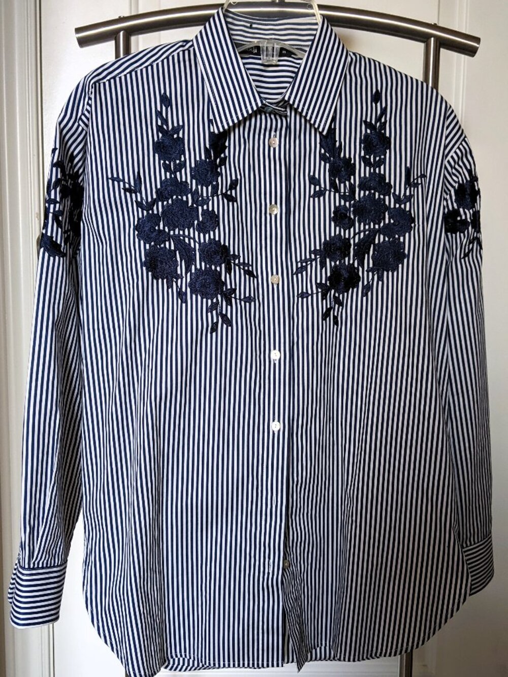 Oodji Navy White Striped Floral Embroidered Long Sleeve Button Down Shirt Sz 36